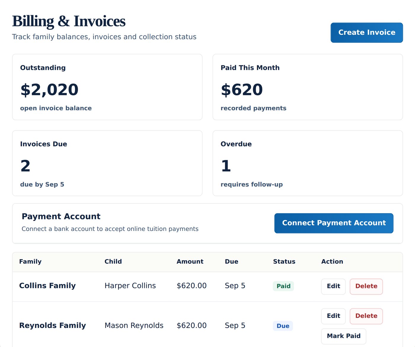 Tendroll screen: Payments & billing