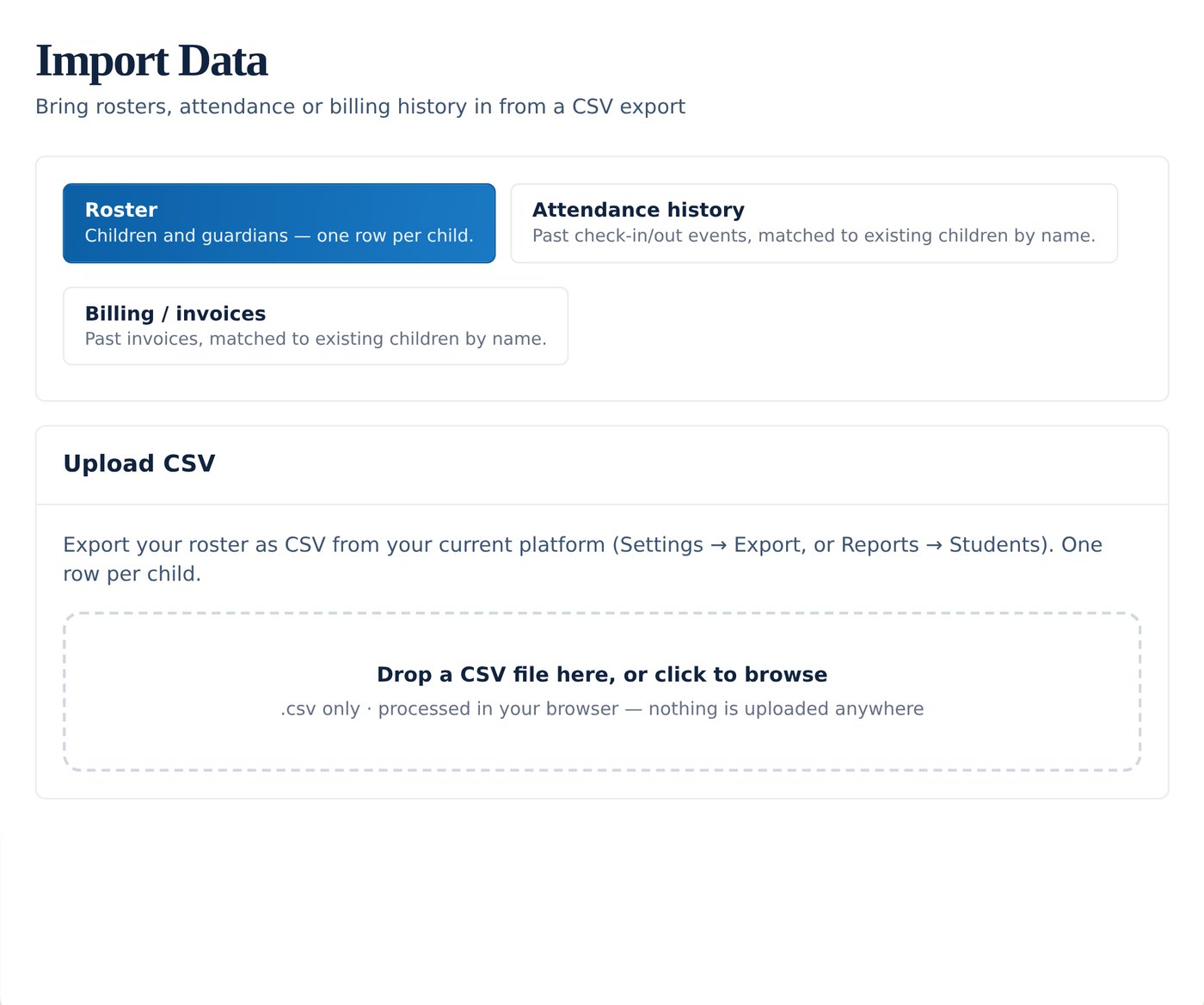 Tendroll Import Data screen